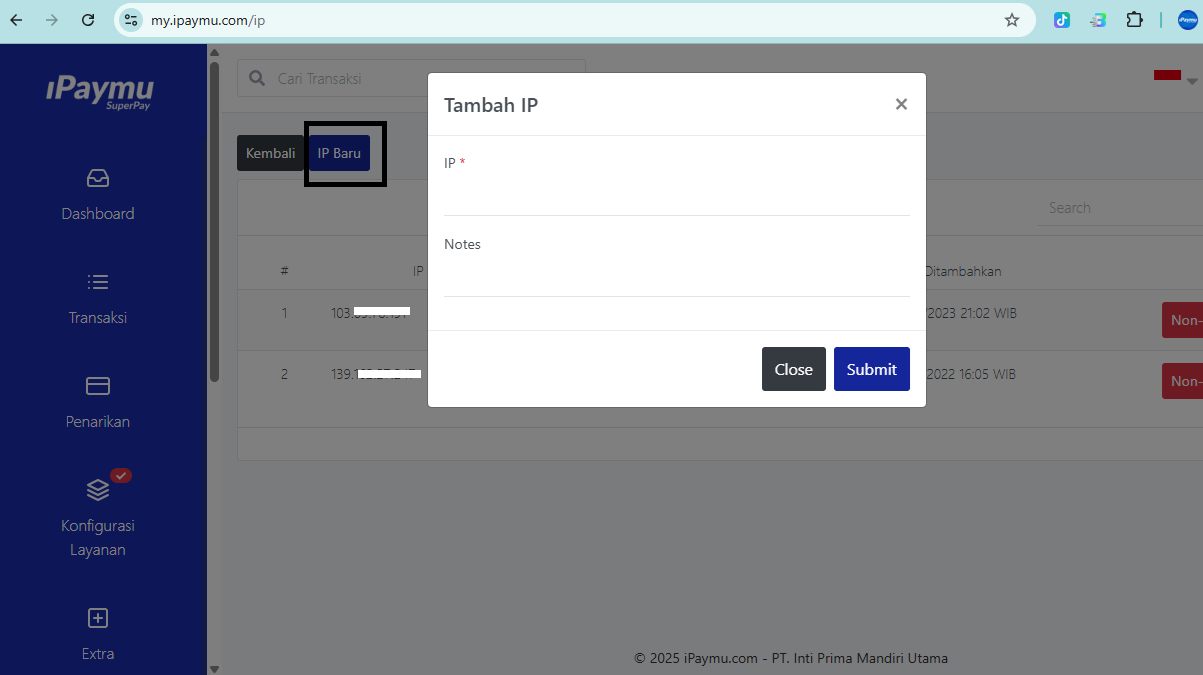 Add IP form in the iPaymu dashboard