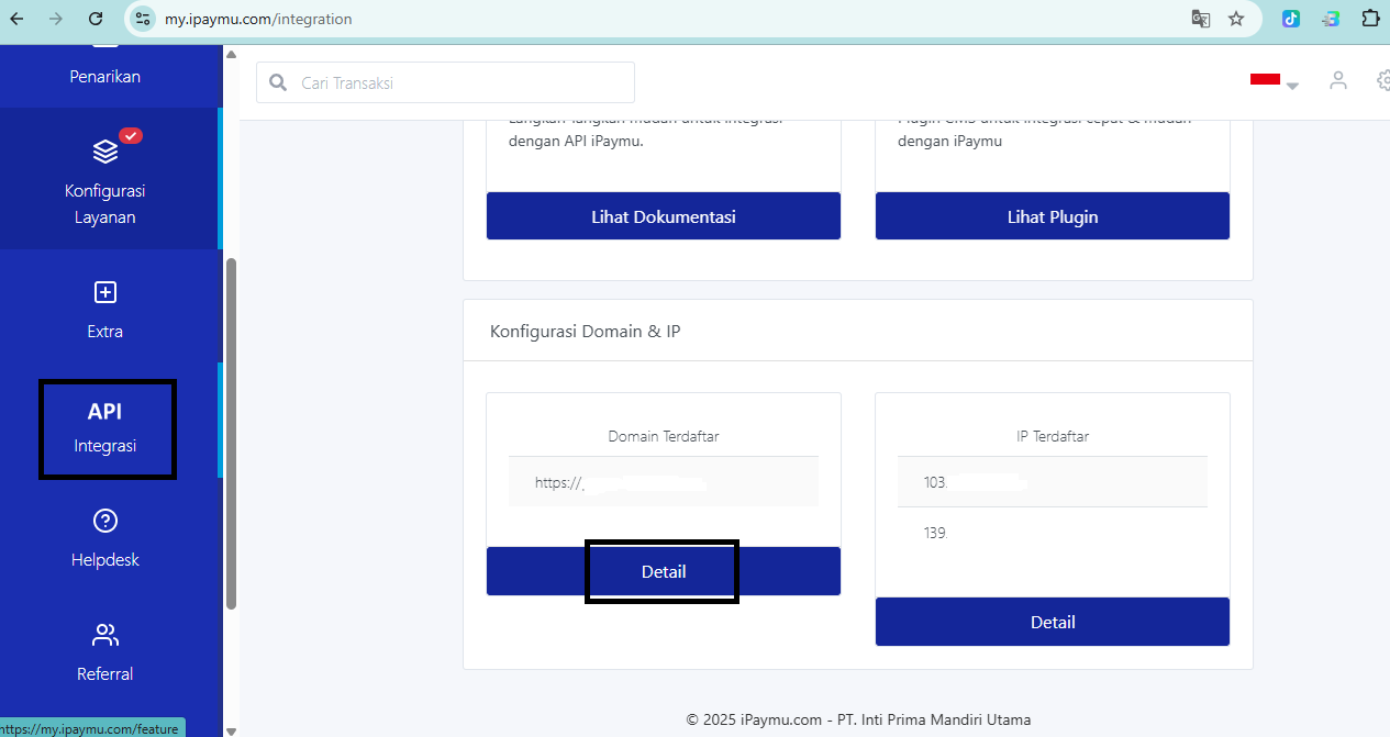 API Integrasi menu and registered domains in the iPaymu dashboard