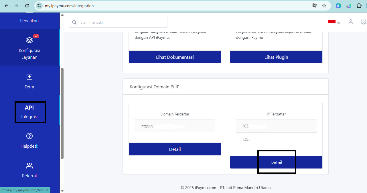API Integrasi menu and registered IP addresses in the iPaymu dashboard
